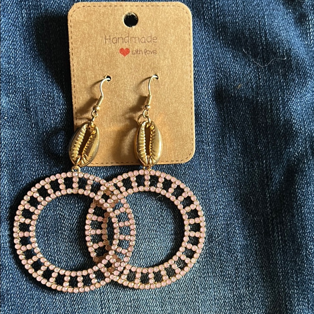 Pink and Gold Cowrie Shell Bead Hoop Earrings